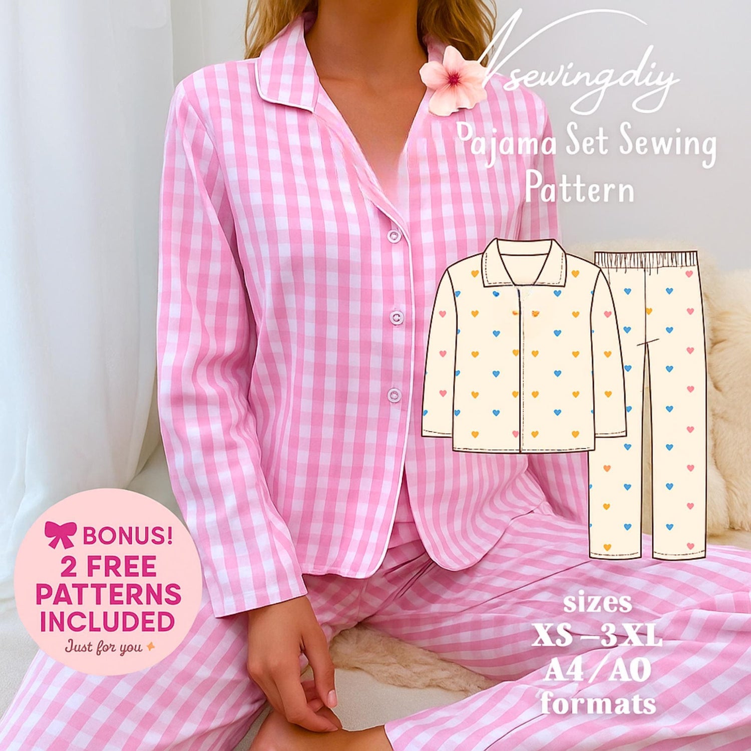 Womens Pajama Set Sewing Pattern: Long Sleeve Top & Pants (PDF Pattern)