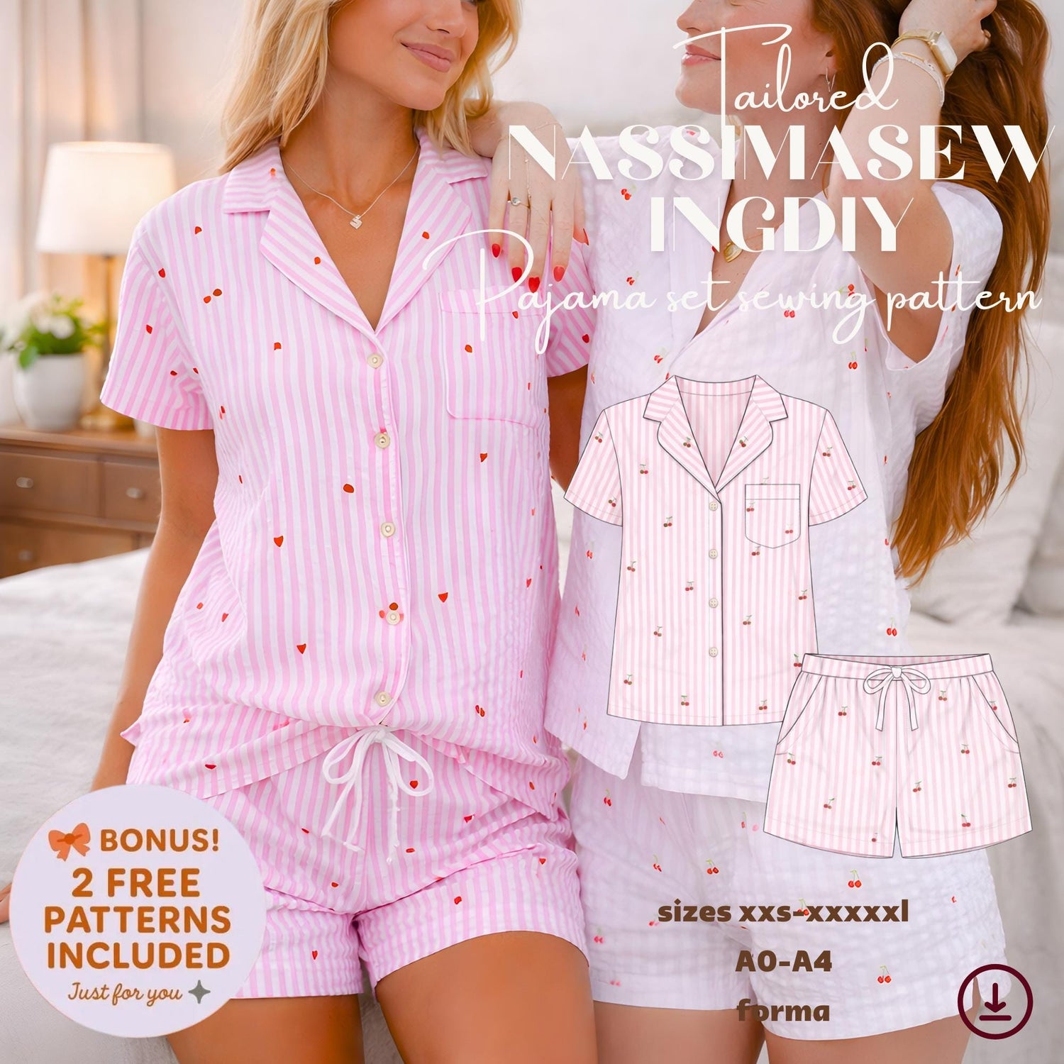 Pajama Set Sewing Pattern: Women's Sleepwear Shorts & Top (PDF Digital Download XXS-XXXXXL A4/Letter/A0)