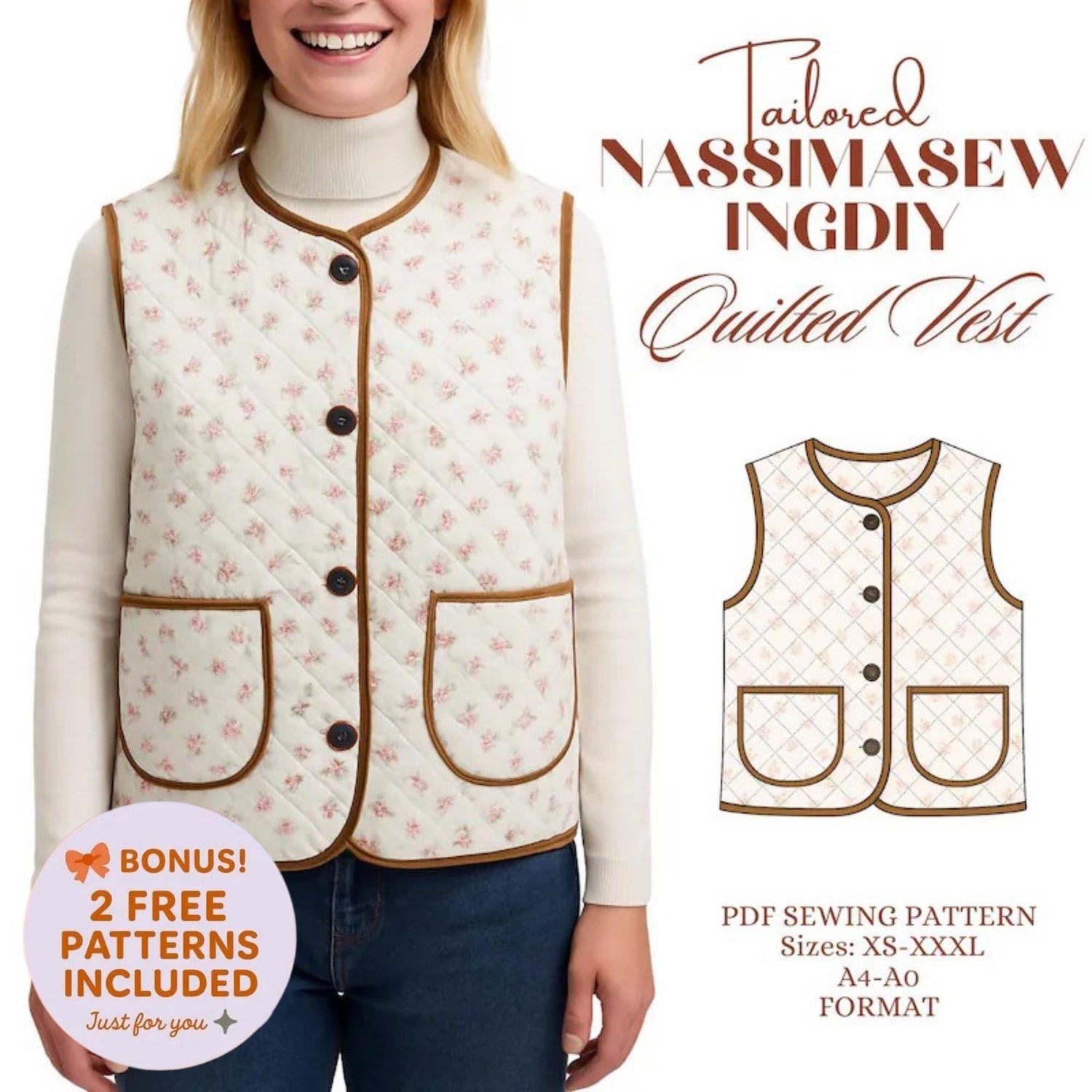 Vest Sewing Pattern: Quilted & Tie-Top Options (PDF Pattern, XS-XXXL)