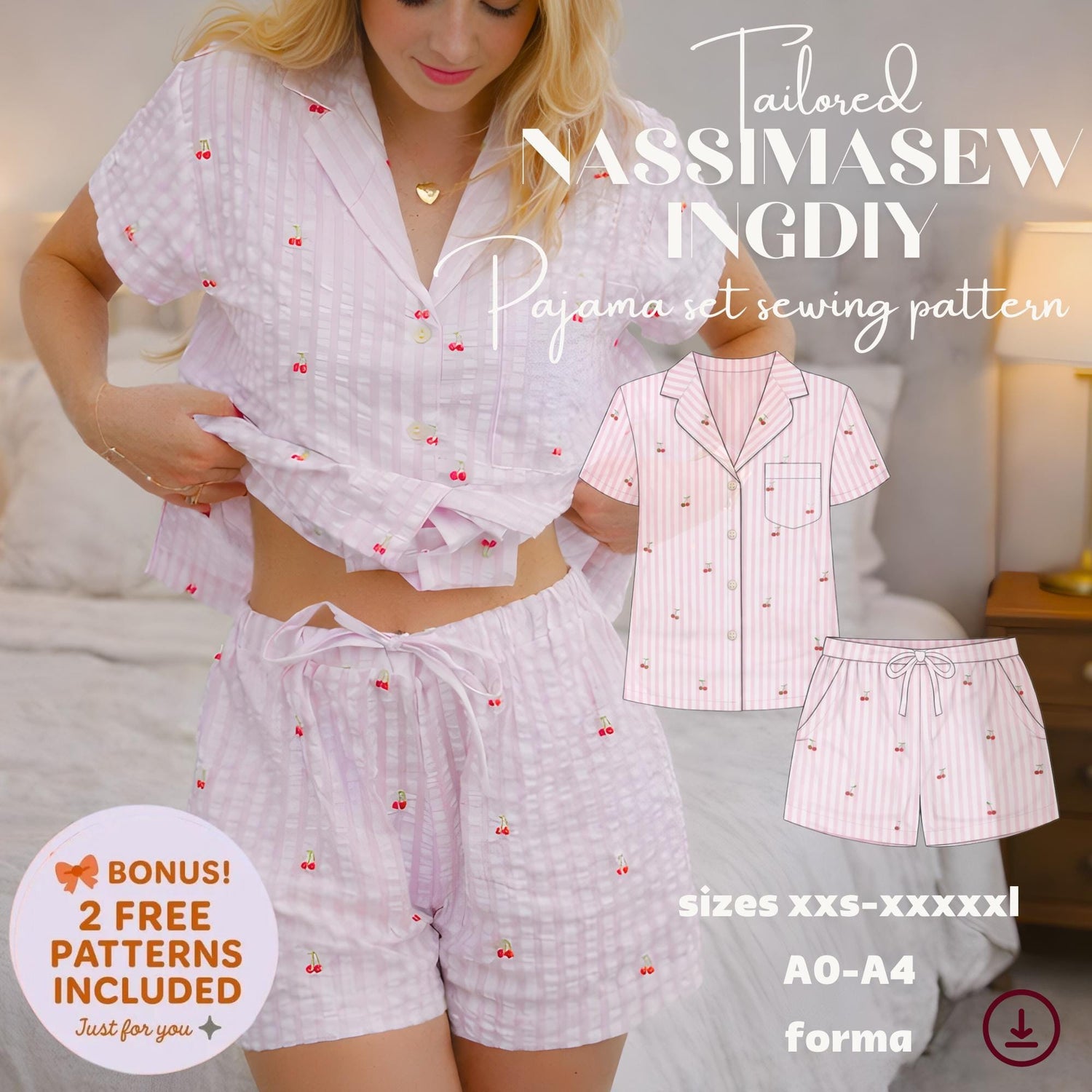 Women’s Pajama Set Sewing Pattern | Shirt + Shorts or Pants | Sizes XXS–5XL | Printable PDF