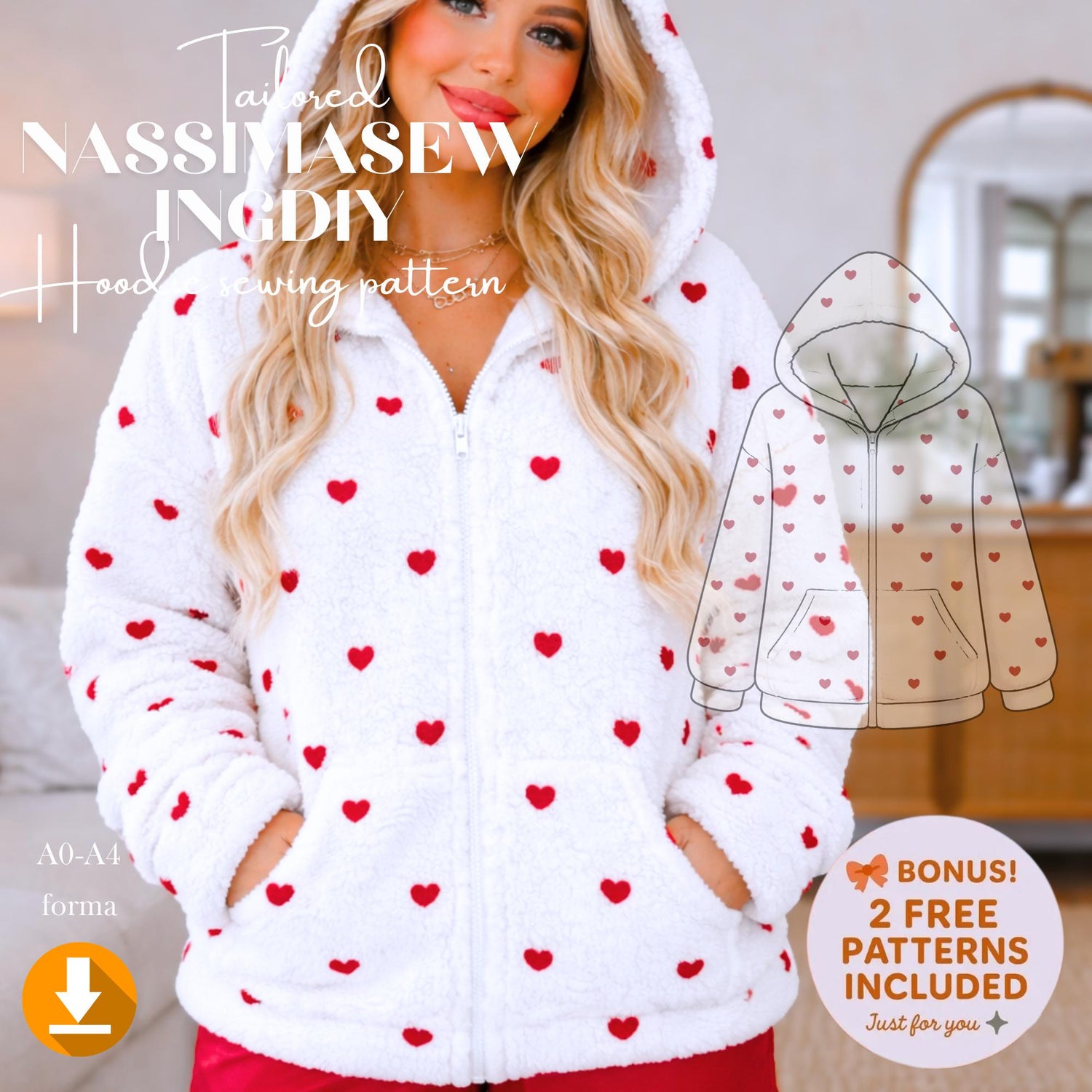 Zip-Up Hoodie Sewing Pattern | Relaxed Fit, Sizes 2XS-5XL (PDF Pattern)