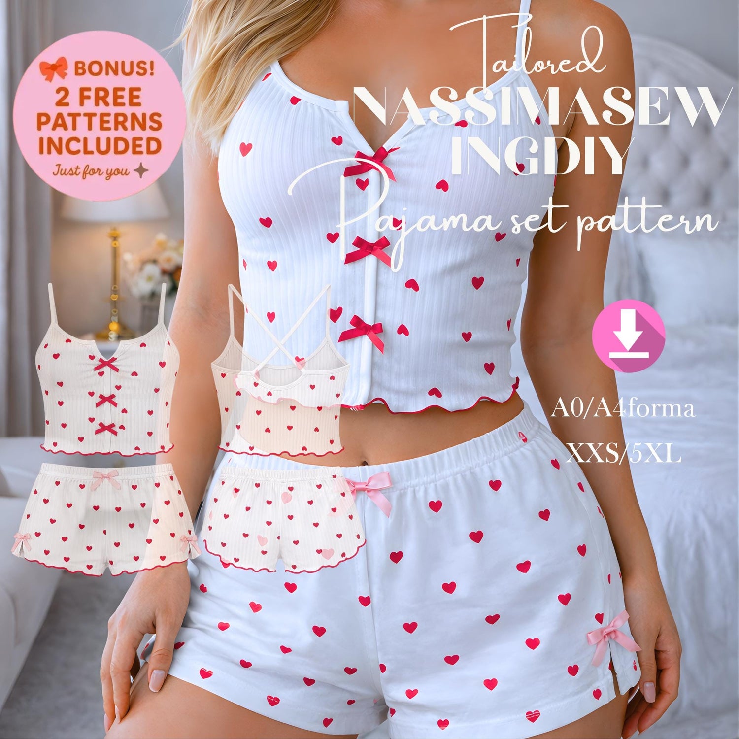 Pajama Set Sewing Pattern PDF, Cami Top and Shorts Pattern, Cute Sleepwear Pattern, Women PJ Set Pattern, Digital PDF Pattern 2XS-5XL A0 A4