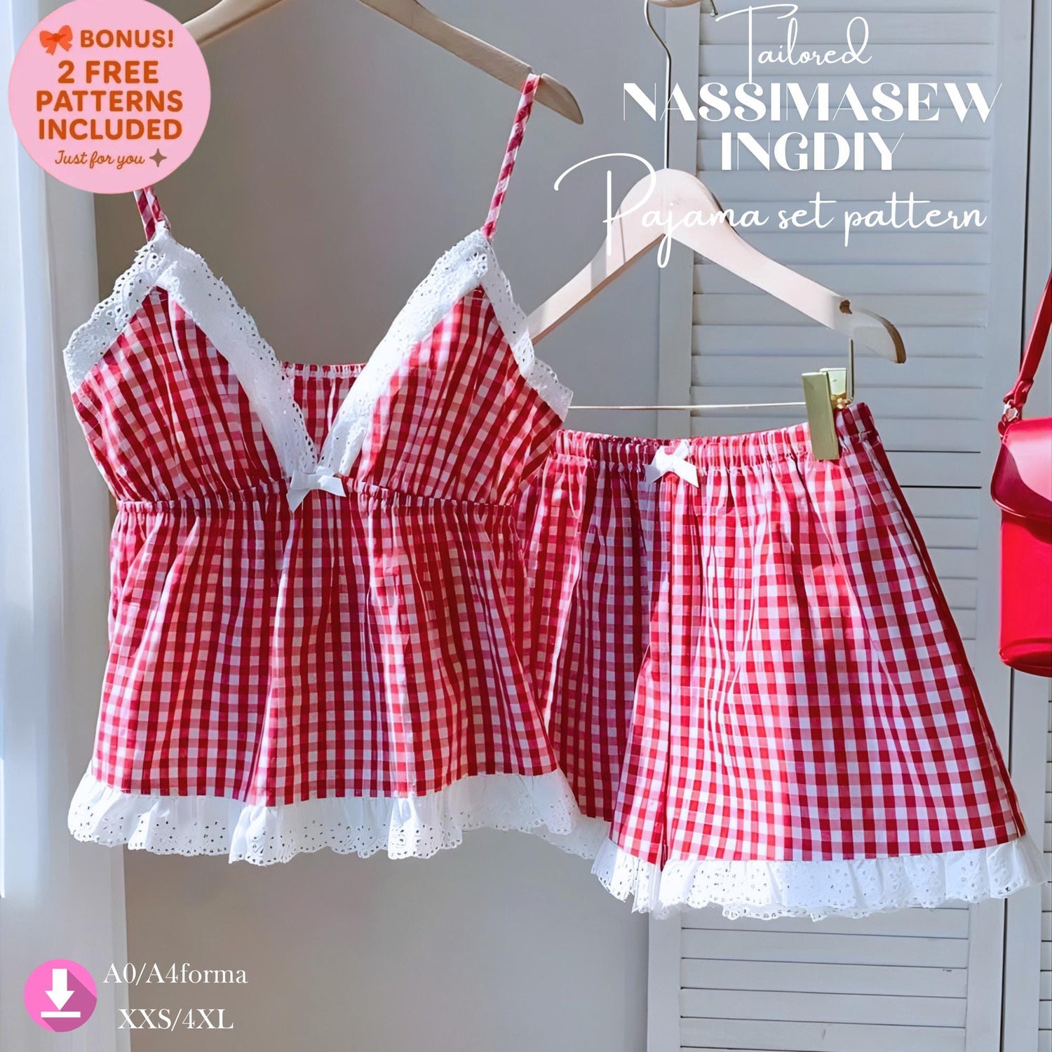 Women Pajama Sewing Pattern PDF, Camisole Top and Shorts Set, Lace Trim Sleepwear Pattern, Summer Nightwear DIY, Sizes XXS–5XL, A4 A0