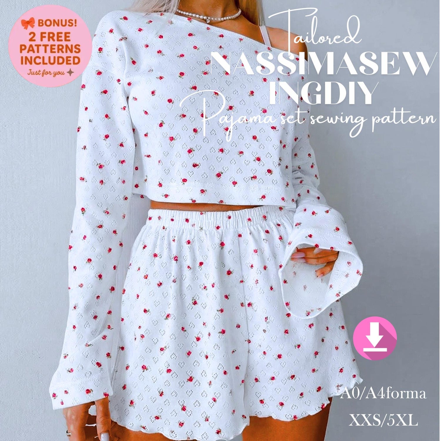 Woman Pajama Set Sewing Pattern PDF, Sleepwear Set Pattern, Long Sleeve Top & Shorts, Step by Step Guide, A0 A4 Printable, 2XS-5XL,