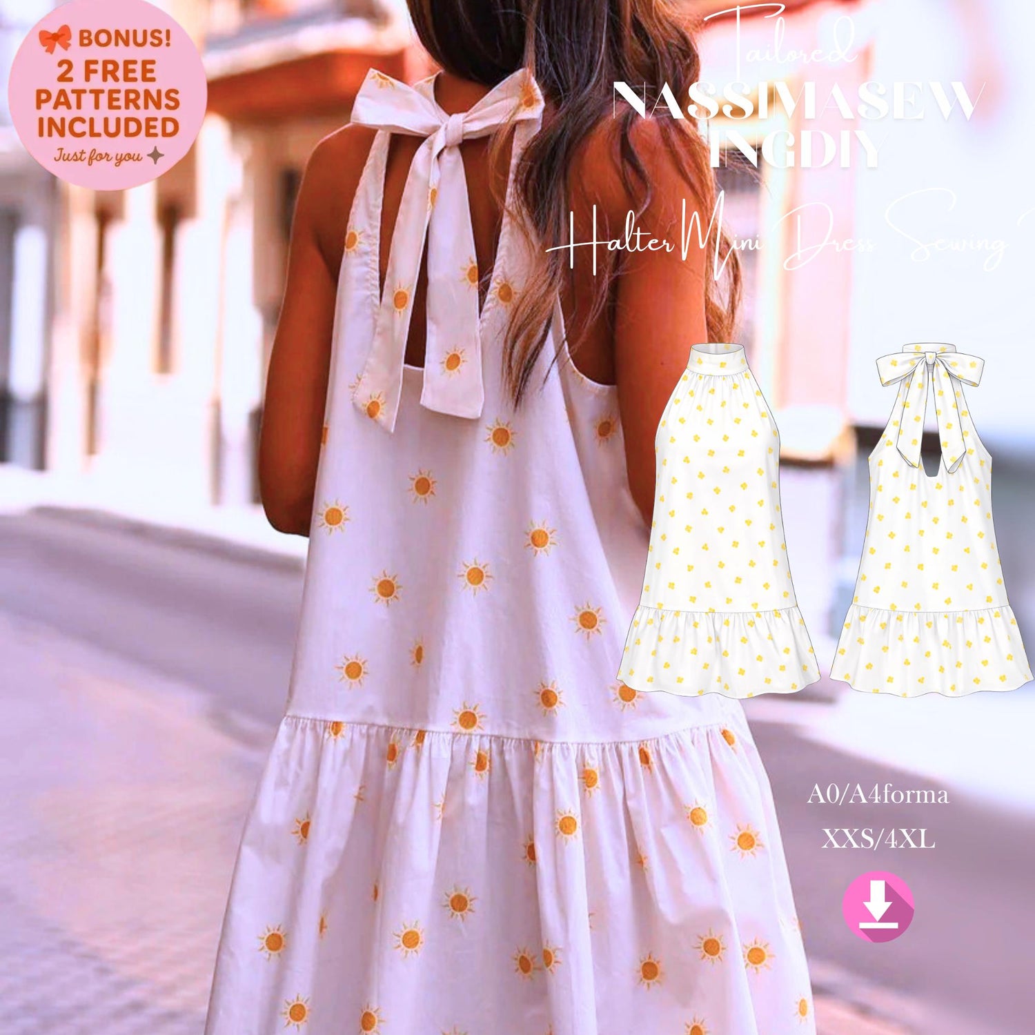 Halter Mini Dress Sewing Pattern PDF, Ruffle Dress Pattern, Open Back Bow Dress, Summer Dress Pattern, A4 A0 US Letter, 2XS–4XL