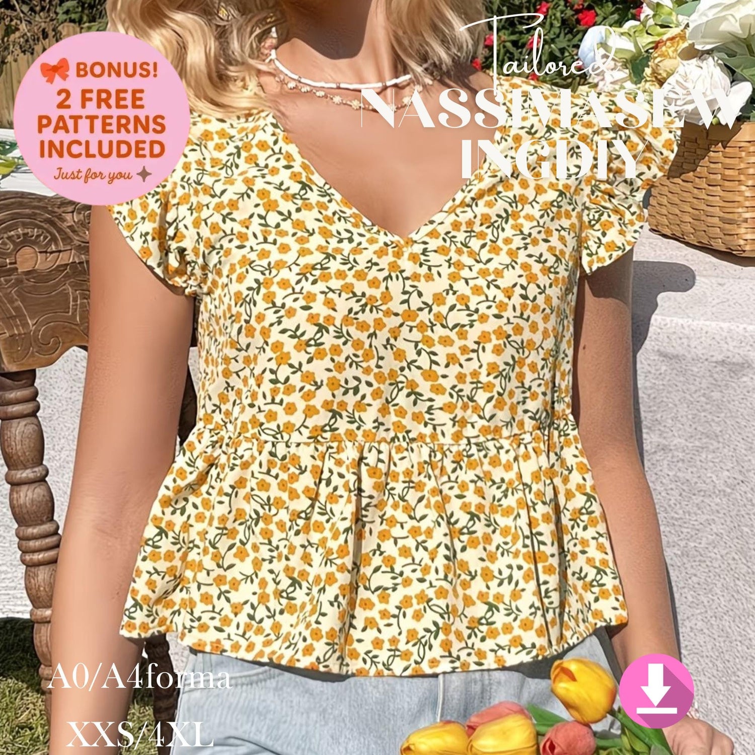 Babydoll Top Sewing Pattern PDF, Peplum Blouse Pattern, Flutter Sleeve Top, V Neck Summer Top DIY, A4 A0 US Letter, 2XS–4XL