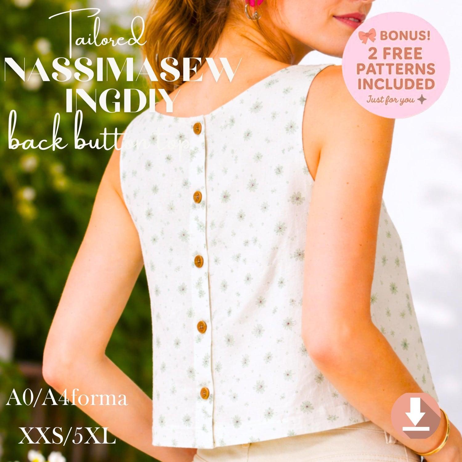 Back Button Top Sewing Pattern PDF, Sleeveless Blouse Pattern, Minimalist Tank Top DIY, Square Neck Summer Top, A4 A0 US Letter, 2XS–4XL