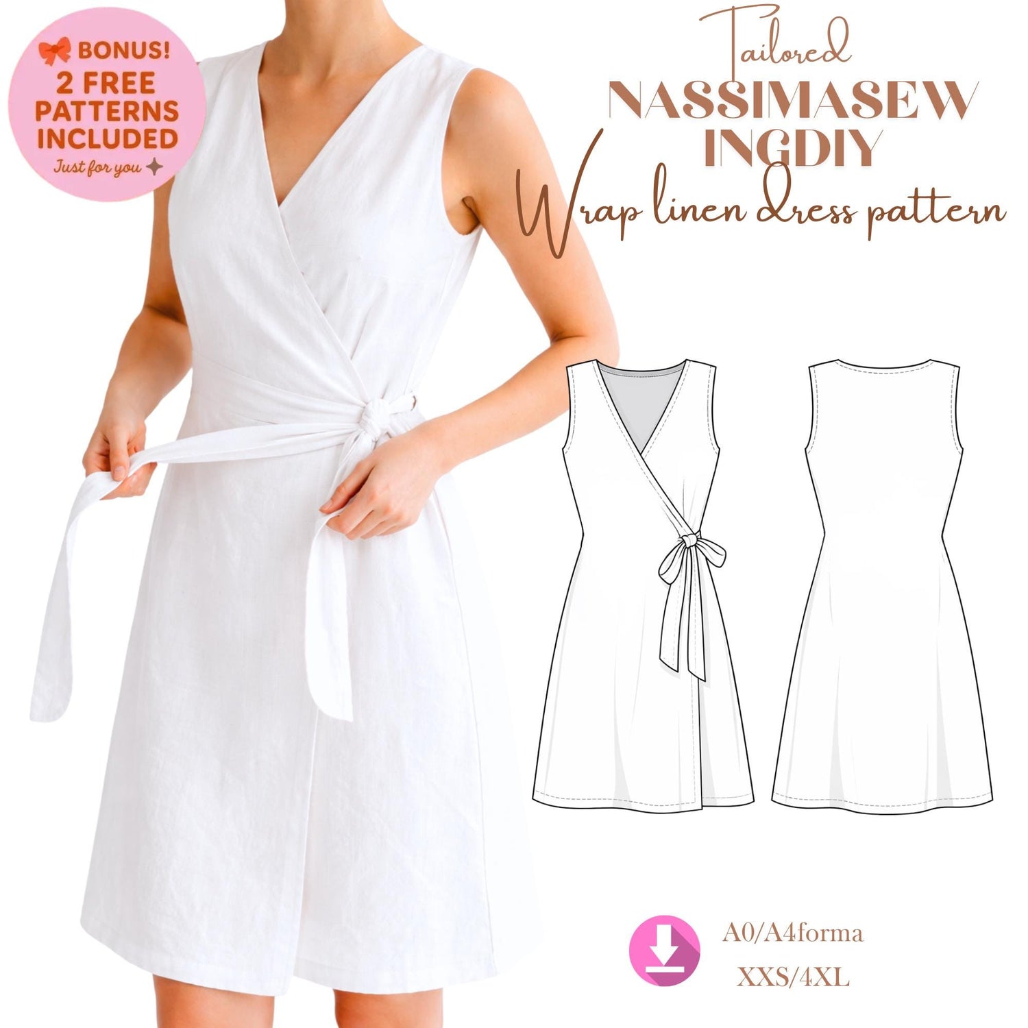 Wrap Dress Sewing Pattern PDF XXS-5XL, Linen Dress Pattern A4 A0, V Neck Tie Waist Dress, Minimalist Summer Dress, Easy DIY Women Dress