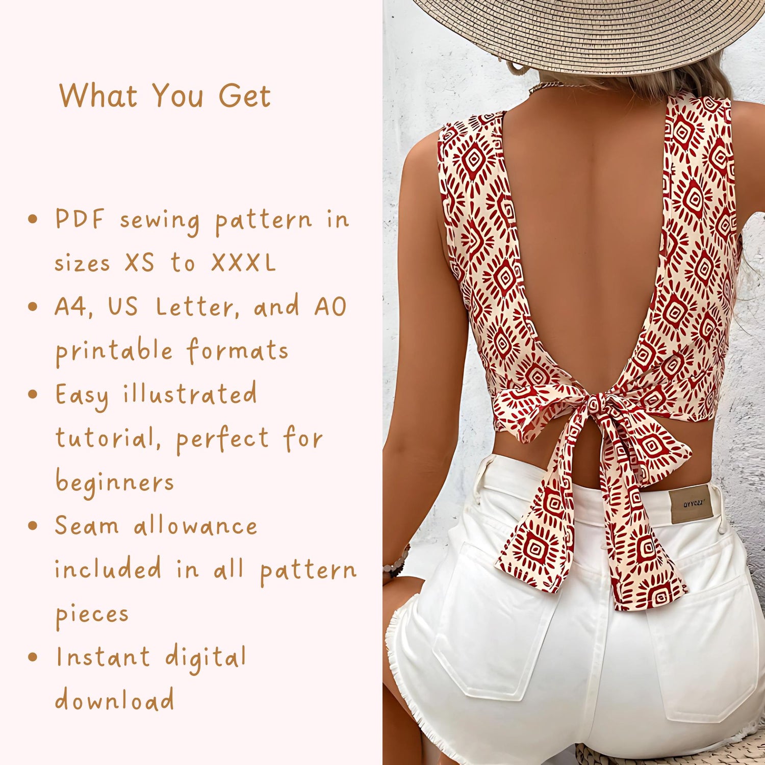 Open Back Tie Top Sewing Pattern, Beginner Friendly (PDF)
