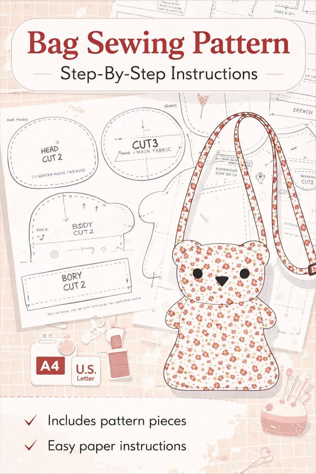 Bear Bag Sewing Pattern, Crossbody PDF Pattern