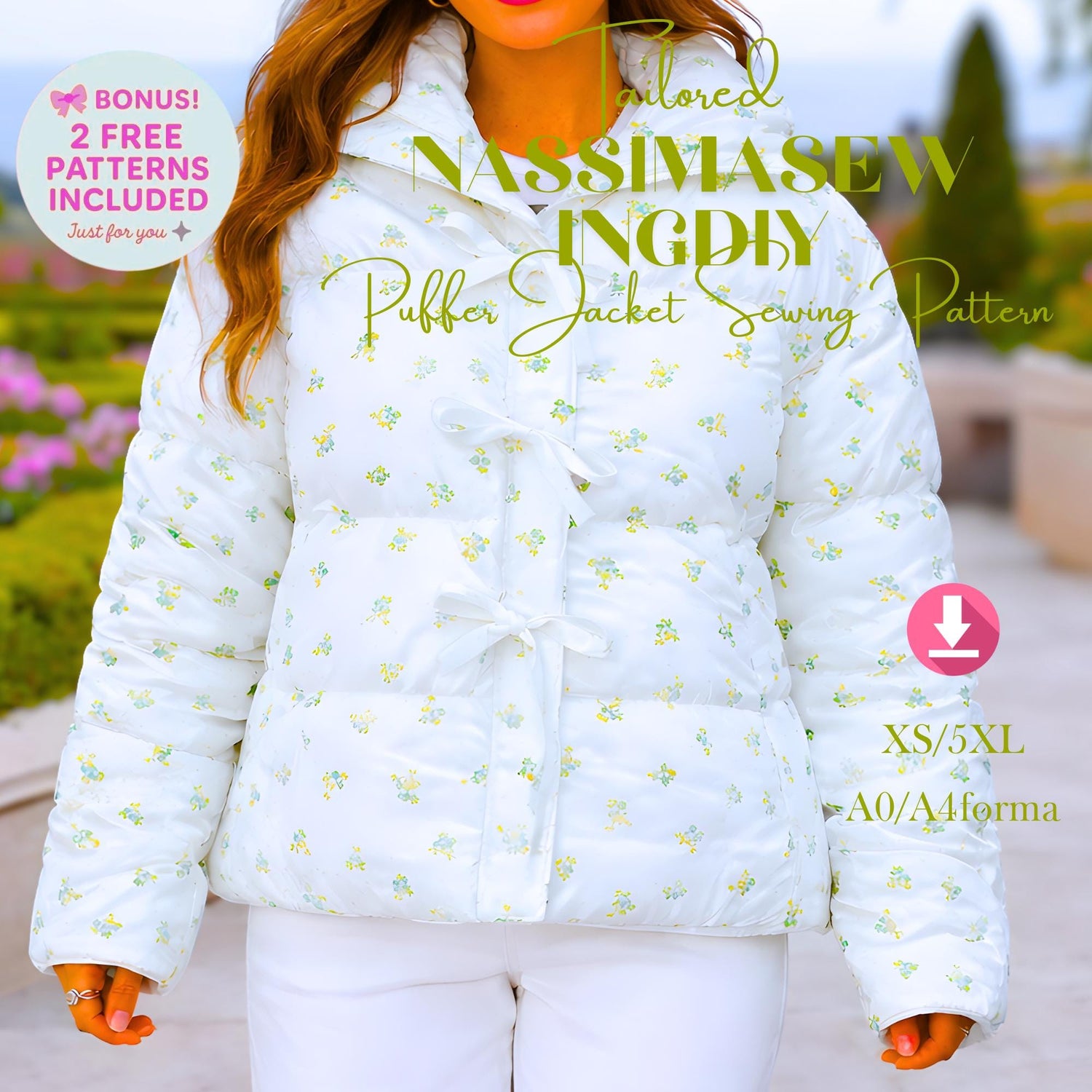 Tie Front Puffer Jacket Sewing Pattern, Women's Quilted Coat (A0 PDF Pattern, 2XS-5XL)