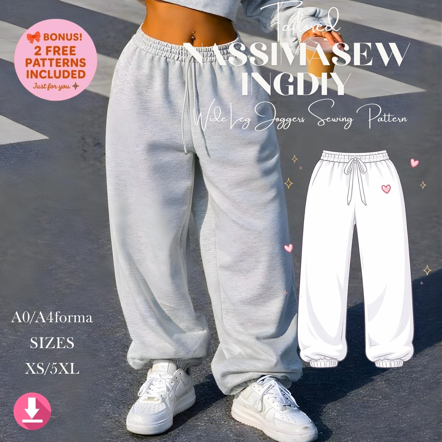 Baggy Wide Leg Joggers Sewing Pattern, Oversized Fit (2XS-5XL) (PDF Pattern)