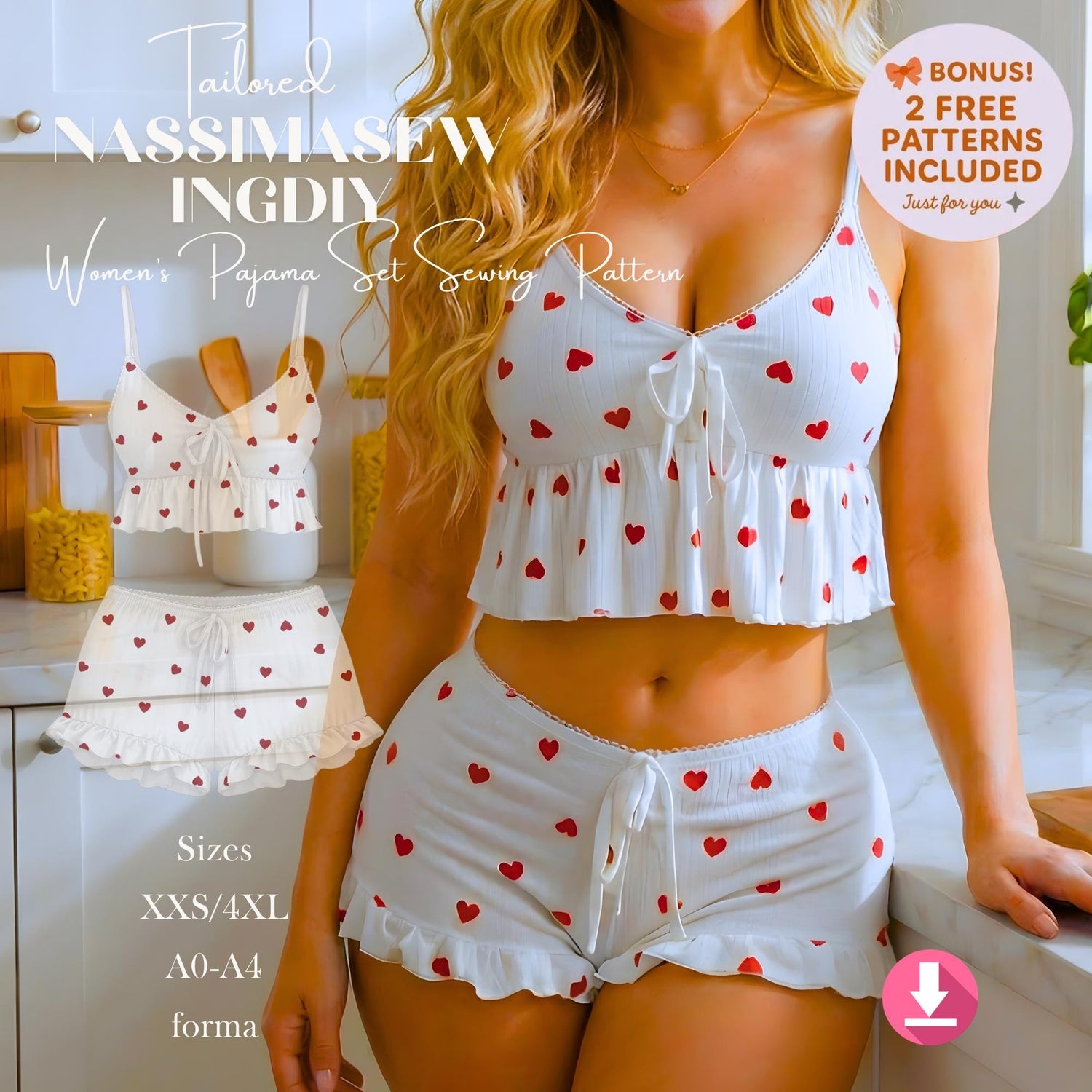 Womens Pajama Set Sewing Pattern | Heart Print Cami & Ruffle Shorts (PDF Pattern)