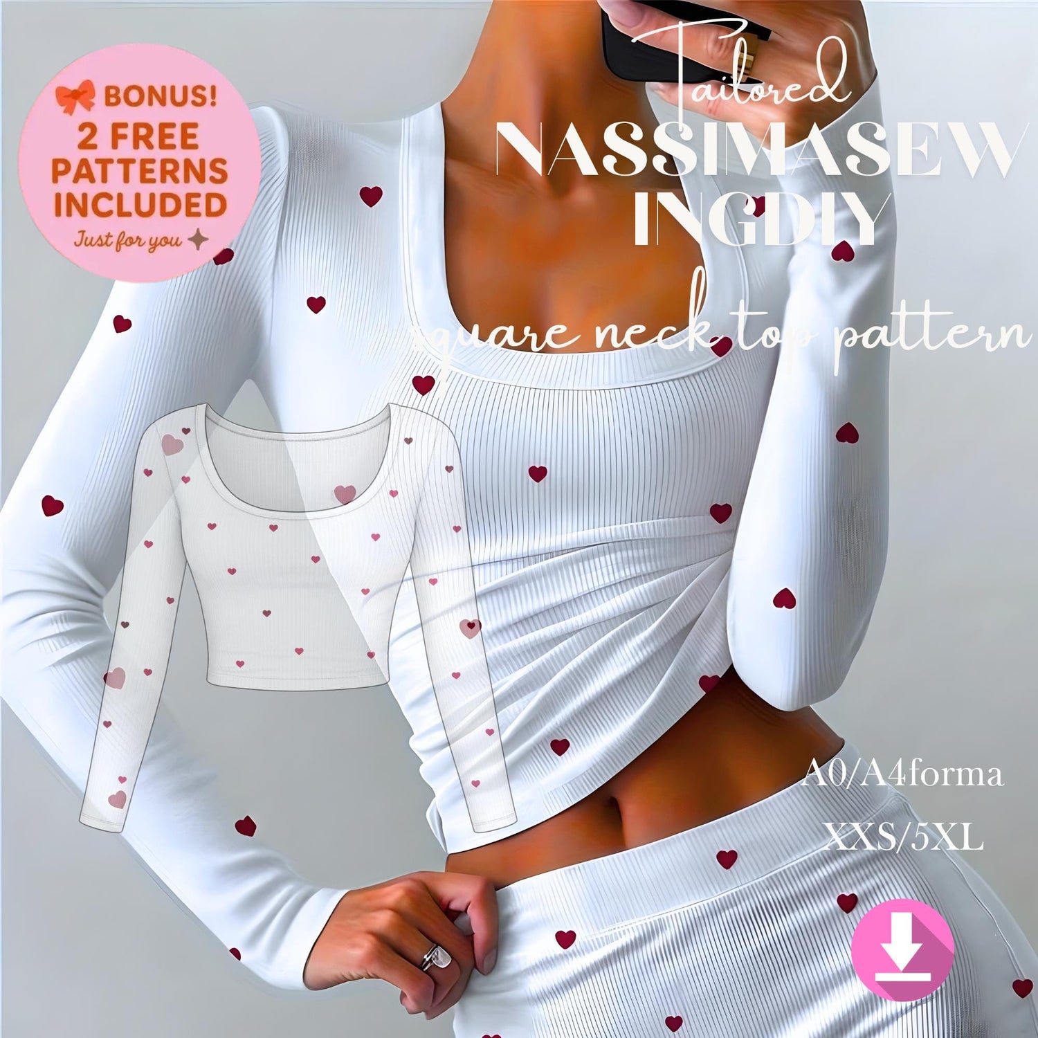 Square Neck Crop Top Sewing Pattern PDF XS-5XL, Long Sleeve Fitted Top Pattern, Rib Knit Shirt Pattern, A0 A4 US Letter, Step-by-Step Guide