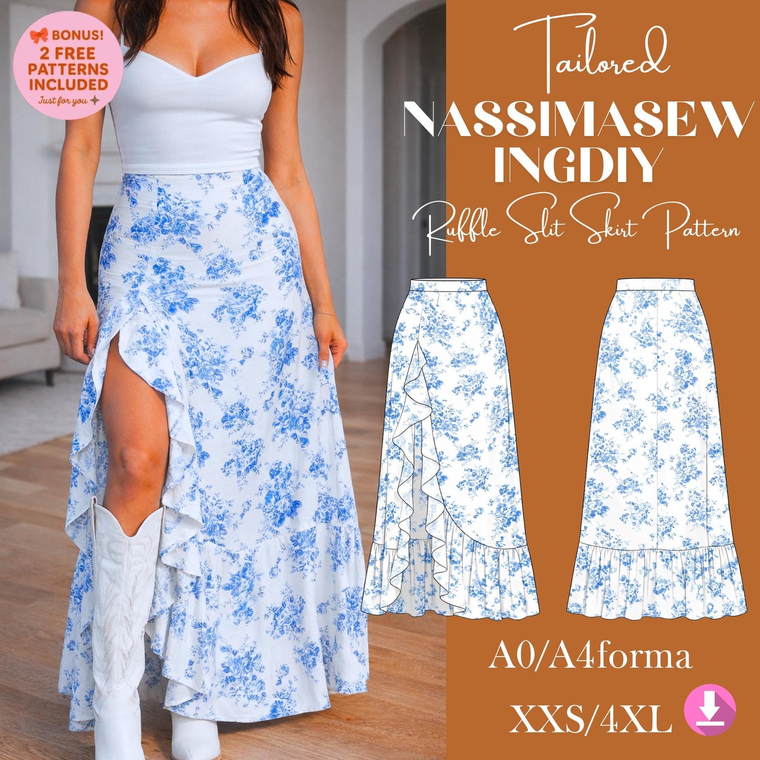 Maxi Skirt Sewing Pattern PDF | High Waisted Ruffle Slit Skirt Pattern | Women's Boho Skirt Pattern | Digital Sewing Pattern 2XS–4XL