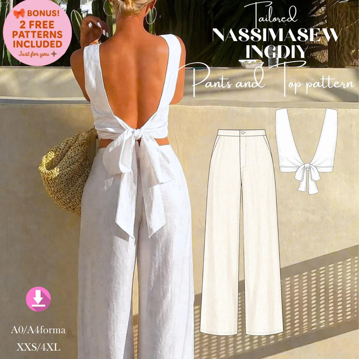 Open Back Linen Set Sewing Pattern PDF, Wide Leg Pants & Crop Top Pattern, Summer Outfit, A0 A4, XXS-5XL, Digital Download