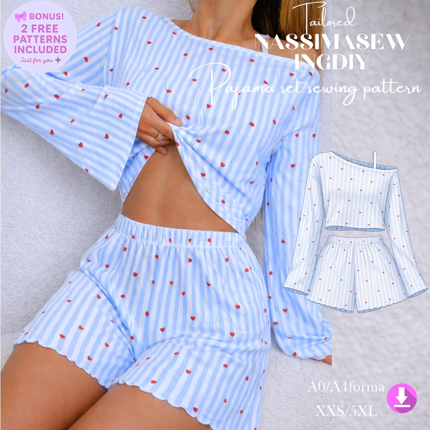 Pajama Set Sewing Pattern PDF, Women Sleepwear Pattern 2 Piece Set, Crop Top Shorts Pattern, A4 A0 Printable, Step by Step Guide, 2XS-5XL