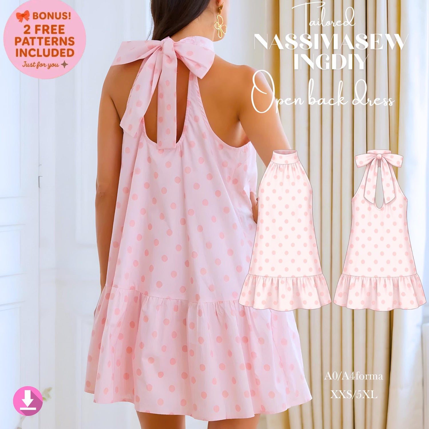 Babydoll Dress Sewing Pattern PDF, Halter Mini Dress Pattern, Open Back Bow Dress, Ruffle Hem Summer Dress, A0 A4 US Letter, 2XS–4XL
